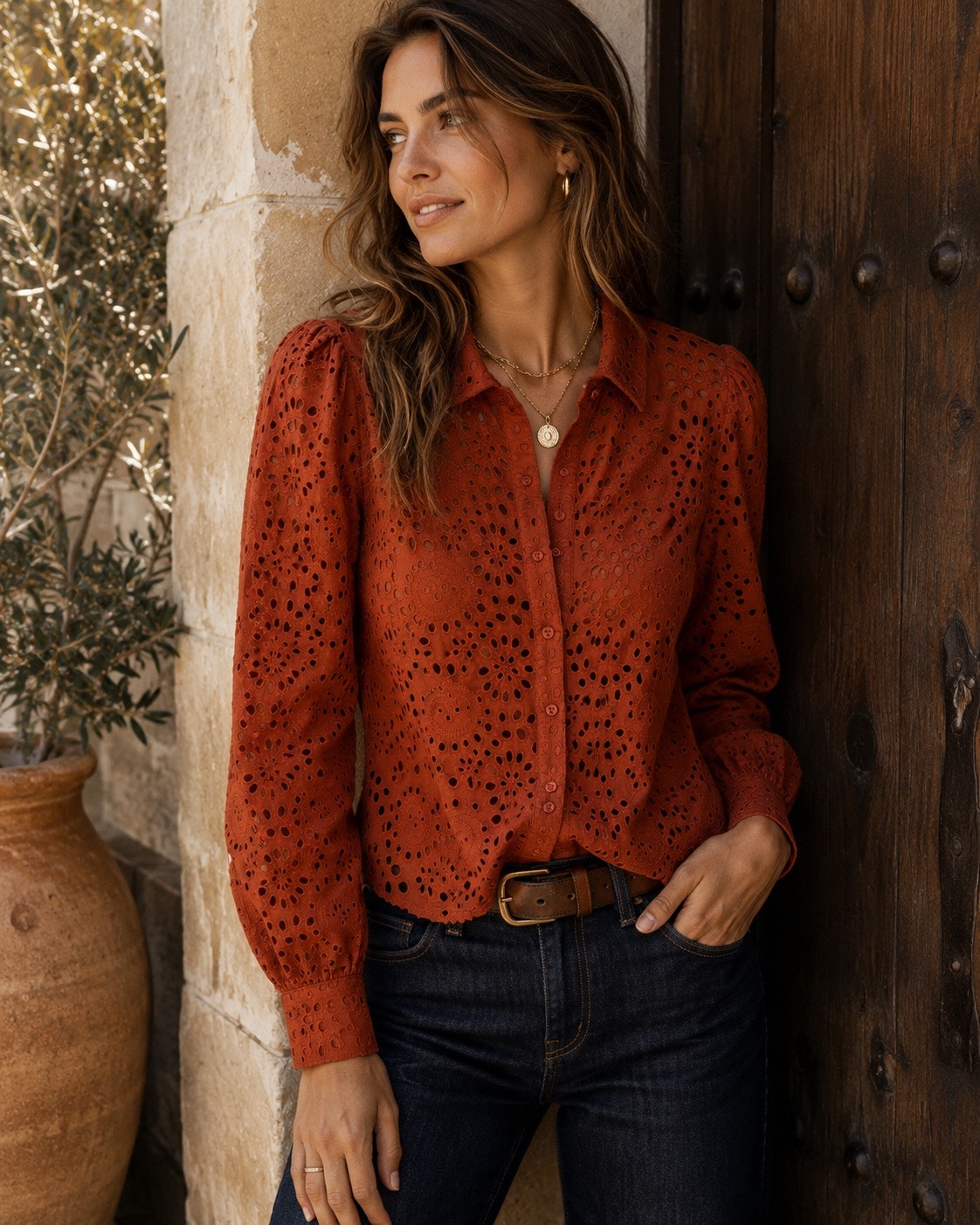 Joie Rust Orange Eyelet Embroidered Cotton Button Front Blouse Medium